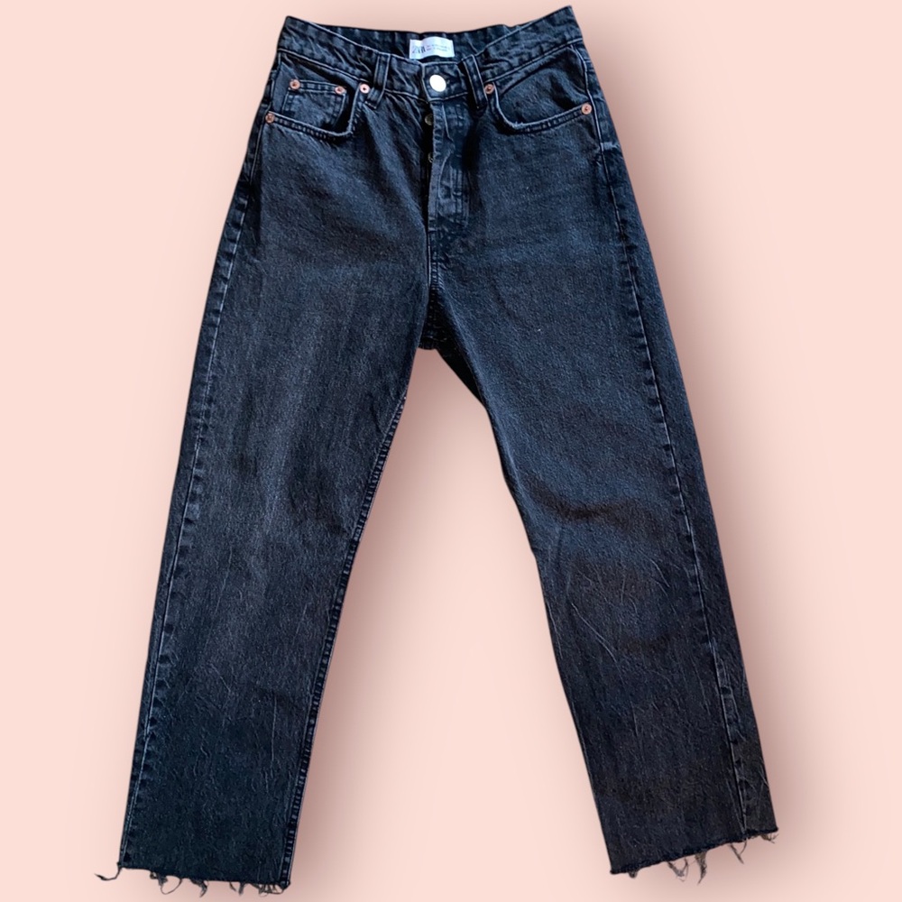 Zara Black Distressed Denim Jeans as EUR 36 US 4 high waisted straight leg